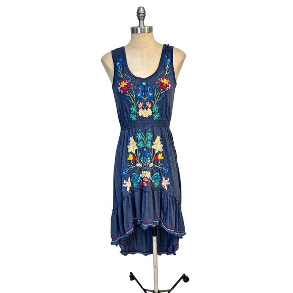 Johnny Was Blue Hi Low Sleeveless Embroidered Floral Dress Small - Picture 1 of 6
